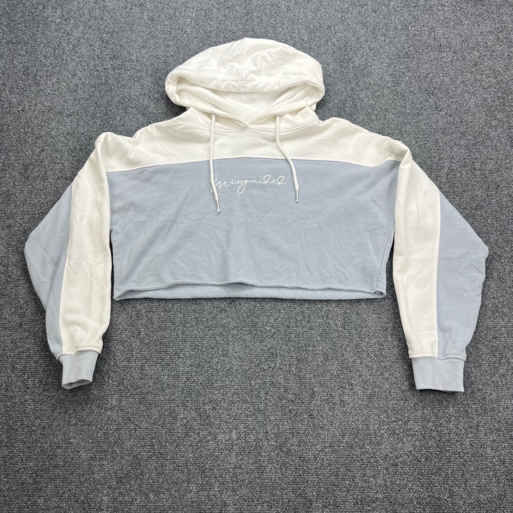 Missguided Cropped Colorblock Embroidered Logo Blue White Hoodie Sweatshirt